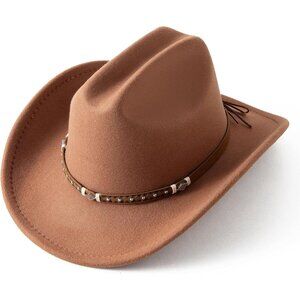 Women's Khaki Western Studded Leather Accent Band Classic Fedora Felt Cowboy Hat